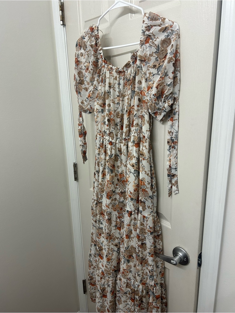 Boho Floral Maxi Dress - Cream with Rust & Olive Print